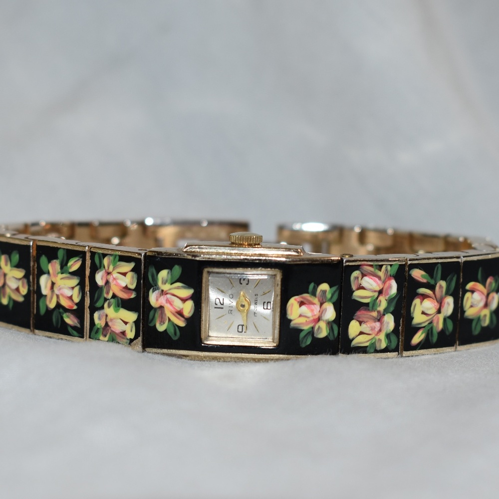 VTG Rivo 17 Jewels Alum Hand Painted Floral Watch